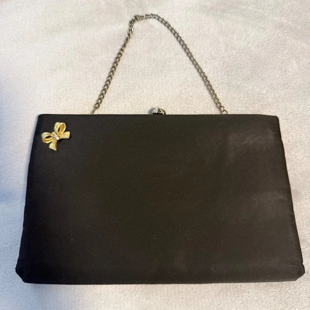 Vintage‎ After Five Black Satin Clutch Gold Bow Evening Bag Purse USA